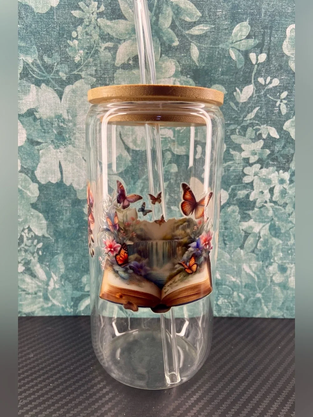 Clear Glass Butterfly Book Tumbler with Bamboo Lid